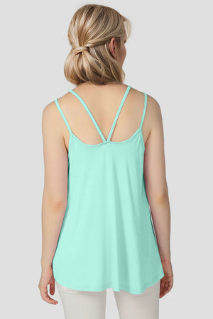 Mint blue trapeze cami with double spaghetti straps and a rounded hem.