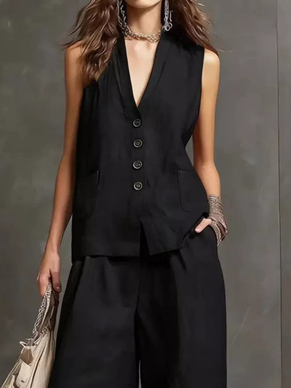 Sleeveless Buttoned Vest And Wide-leg Pants Set, fit detail