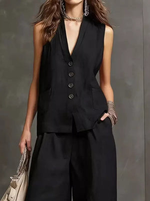 Sleeveless Buttoned Vest And Wide-leg Pants Set, fit detail