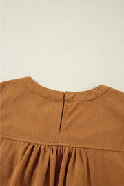 Caramel corduroy mini dress with puff sleeves and gathered waist detail