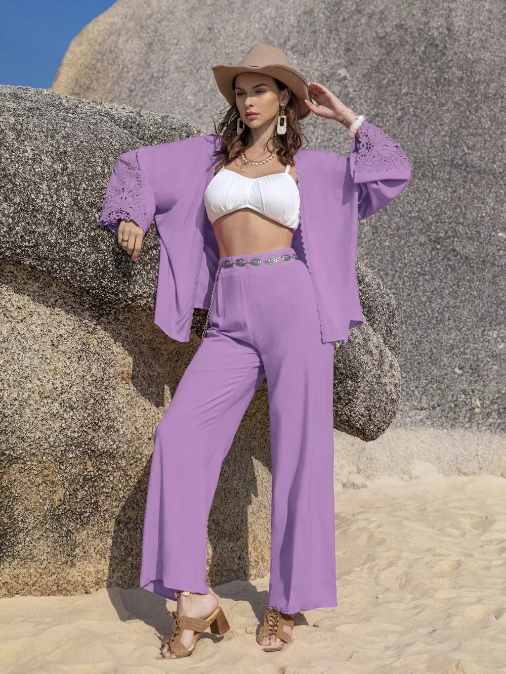 Lavender lace-embellished open front set with wide-leg pants and a white bralette.