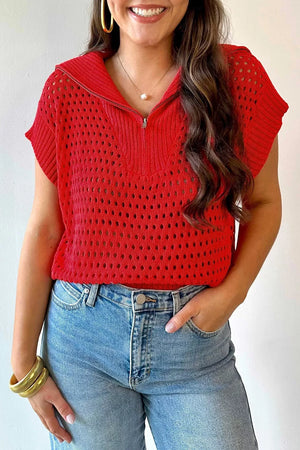 Openwork Quarter-zip Knit Top, close-up detail