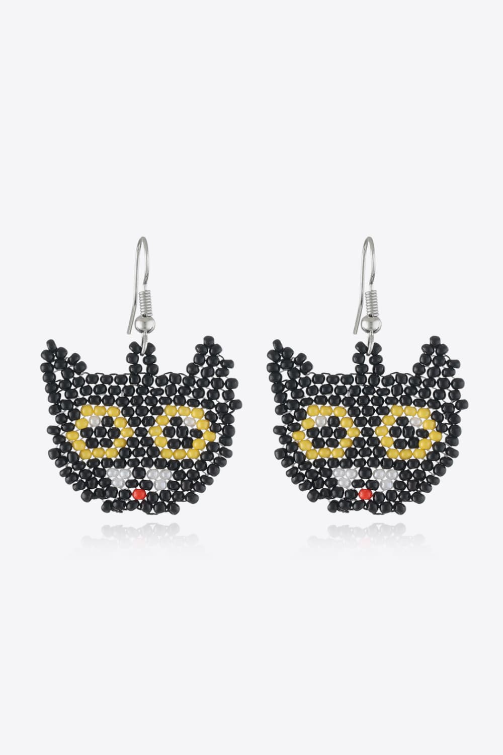 Black Cat beaded earrings with yellow eyes and red nose.