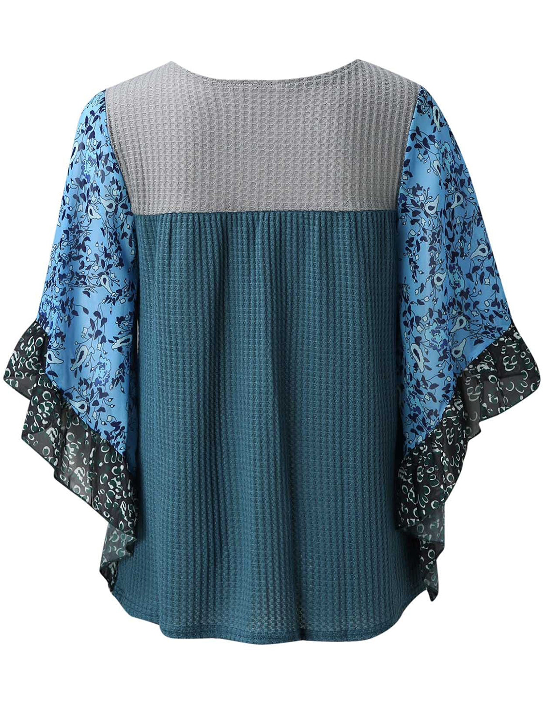 Textured panel blouse in Dusty Blue with floral flutter sleeves and waffle knit.