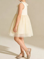 Cream tulle dress with ruffled collar and layered skirt, sleeveless.