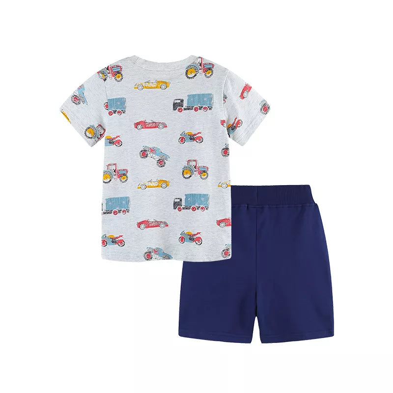 Children's grey vehicle print t-shirt and navy shorts set.