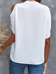 White polyester open-shoulder blouse with short sleeves and a keyhole neckline detail.