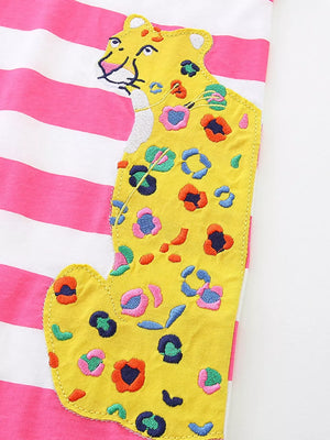 Toddler dress with pink and white stripes and a yellow leopard applique with colorful embroidered spots.
