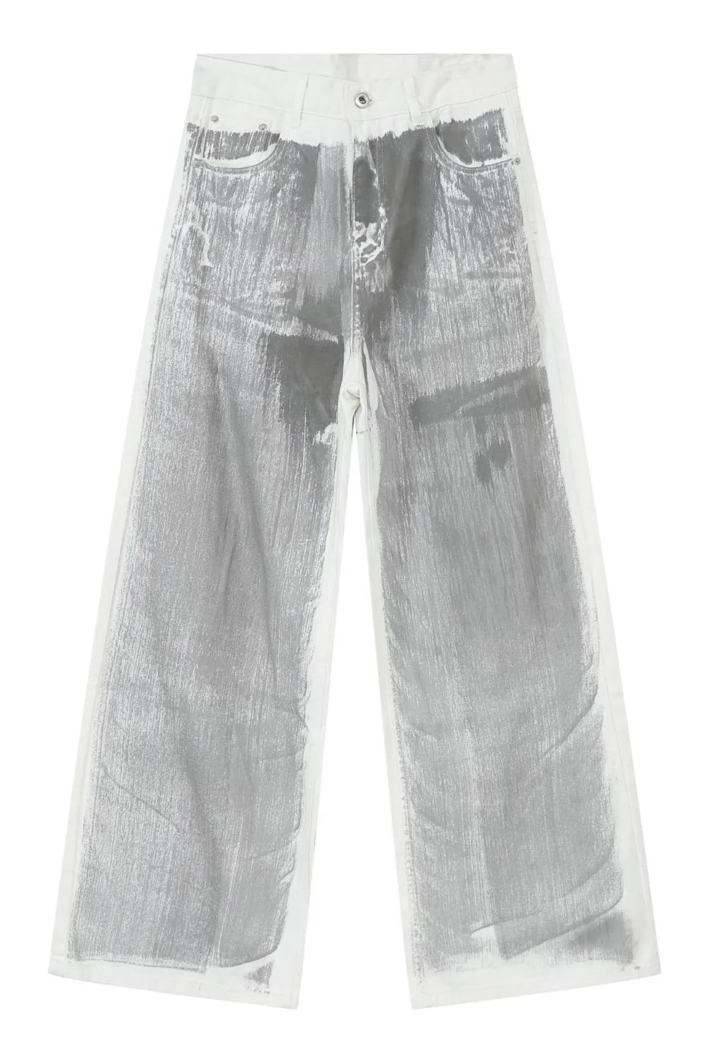 Metallic panel wide leg trousers in light with a brushstroke pattern.