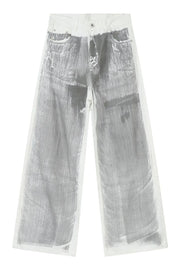 Metallic panel wide leg trousers in light with a brushstroke pattern.