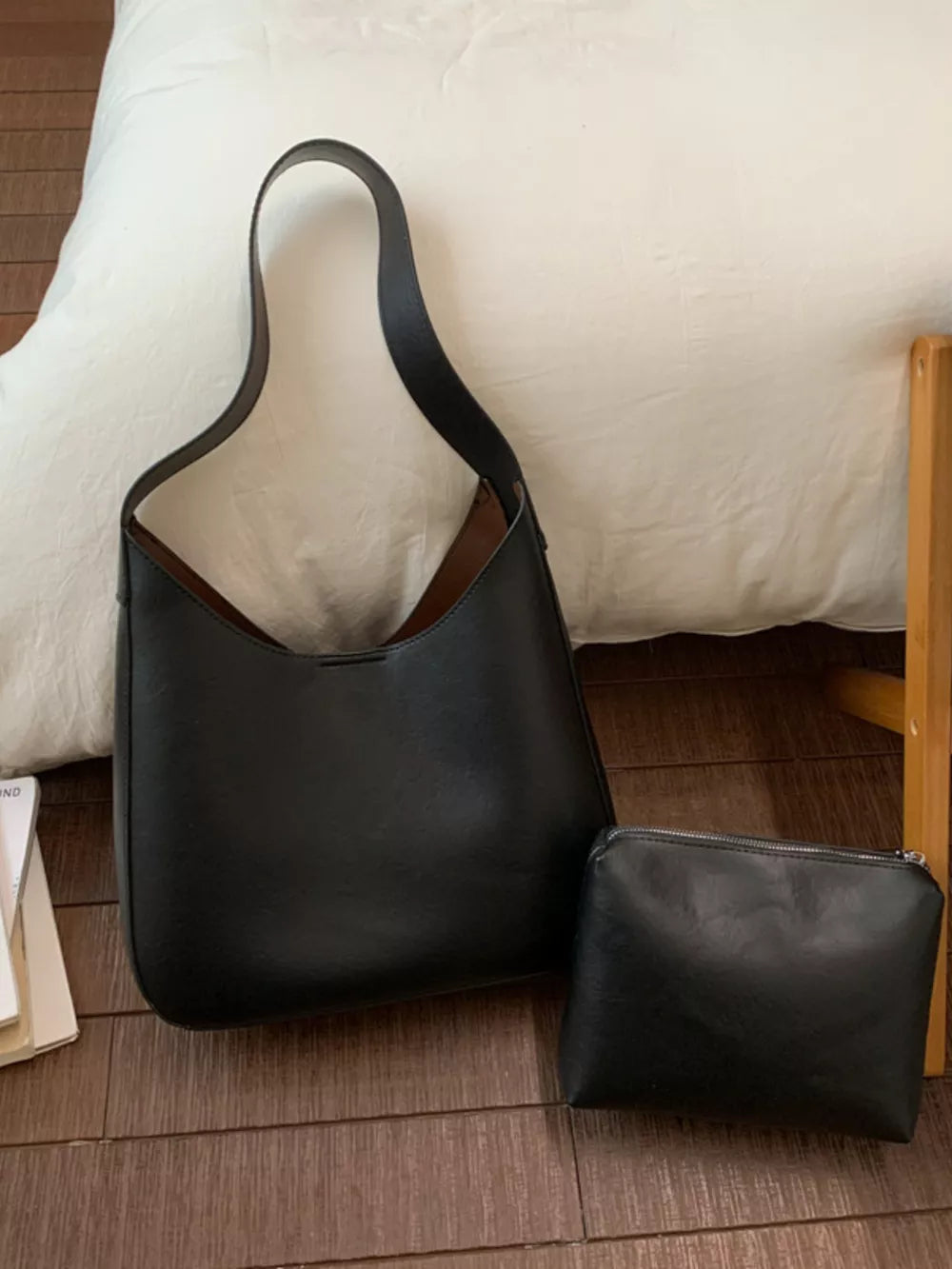 Sleek black pu leather shoulder bag with matching pouch