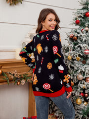 Black acrylic knit sweater with festive Christmas graphic pattern, crew neck, long sleeves.