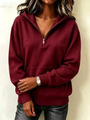 zip hoodie in Burgundy with ribbed and hip-length