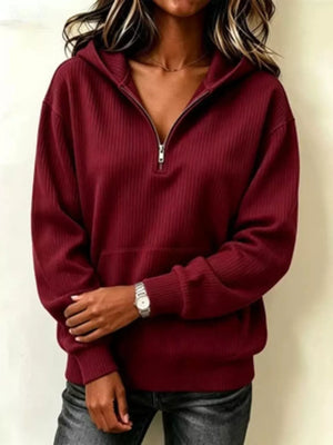 zip hoodie in Burgundy with ribbed and hip-length