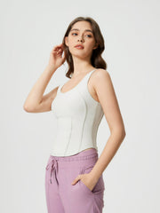 White sculpted seam tank top with built-in support and scoop neckline