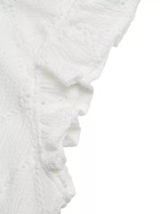 White lace-trimmed ruffle sleeve maternity shirt with textured fabric detail.
