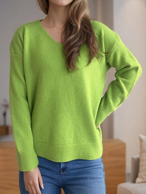 Lime green acrylic V-neck sweater with ribbed hem and cuffs.