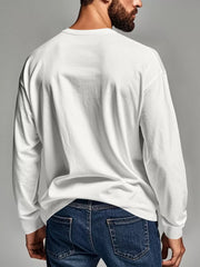 White long sleeve henley t-shirt with crew neck, shown from the back.