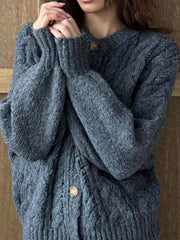Gray cable-knit button-down cardigan with round neckline and wooden buttons.
