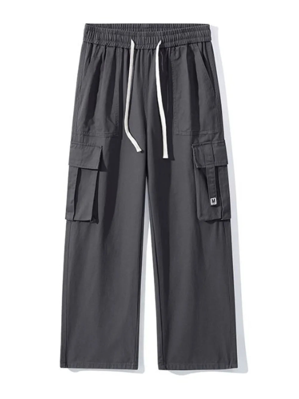 Dark Gray wide-leg cargo sweatpants with drawstring waist and multiple pockets.