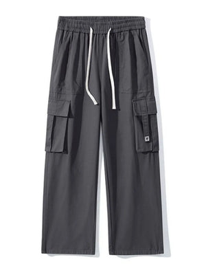 Dark Gray wide-leg cargo sweatpants with drawstring waist and multiple pockets.