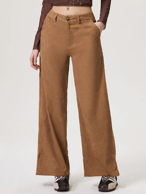 Camel corduroy wide-leg trousers with button closure and pockets