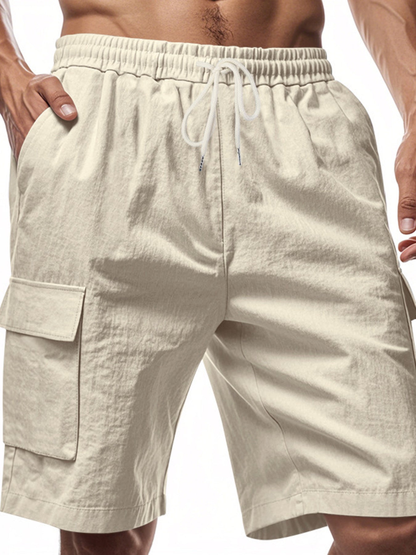 Men's khaki cargo shorts with drawstring waist and button flap pockets.