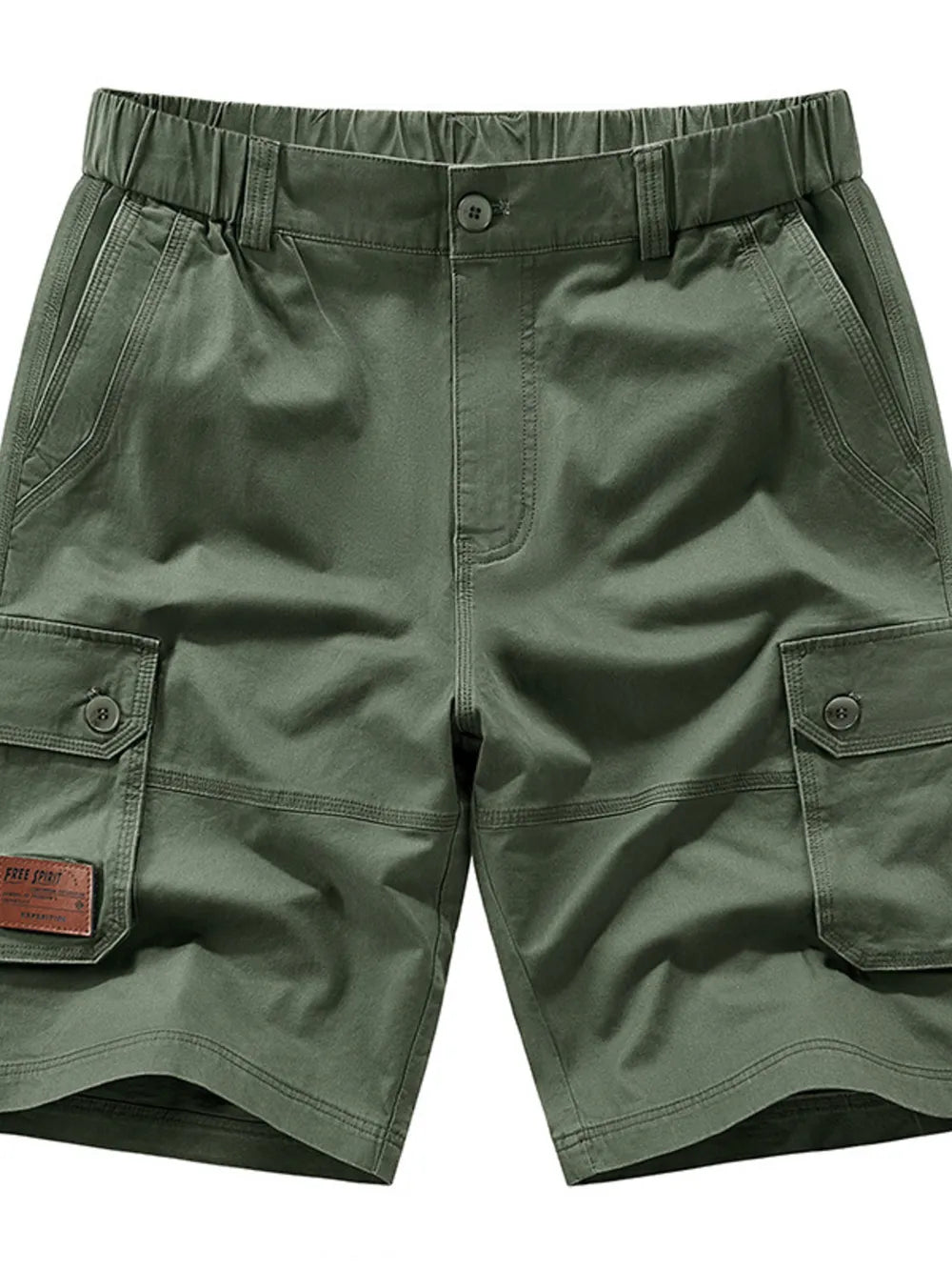 Military green chino shorts with elastic waist, button fly, and cargo pockets.