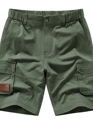 Military green chino shorts with elastic waist, button fly, and cargo pockets.