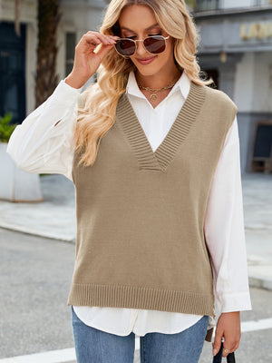 Ribbed knit V-neck sweater vest in Khaki with a classic fit, styled over a white shirt.