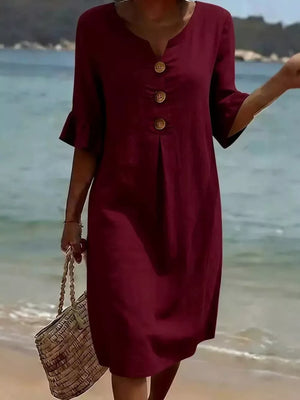 Full Size Casual Button Midi Dress With Ruffle Sleeves in Yellow, alternate angle