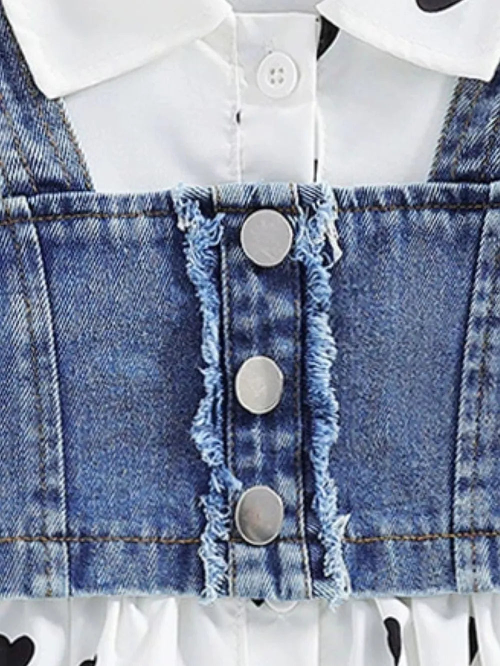 Baby denim cami dress with heart print and white button-down shirt detail