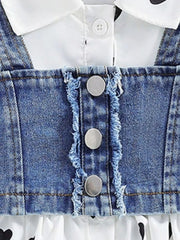 Baby denim cami dress with heart print and white button-down shirt detail