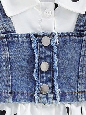 Baby denim cami dress with heart print and white button-down shirt detail