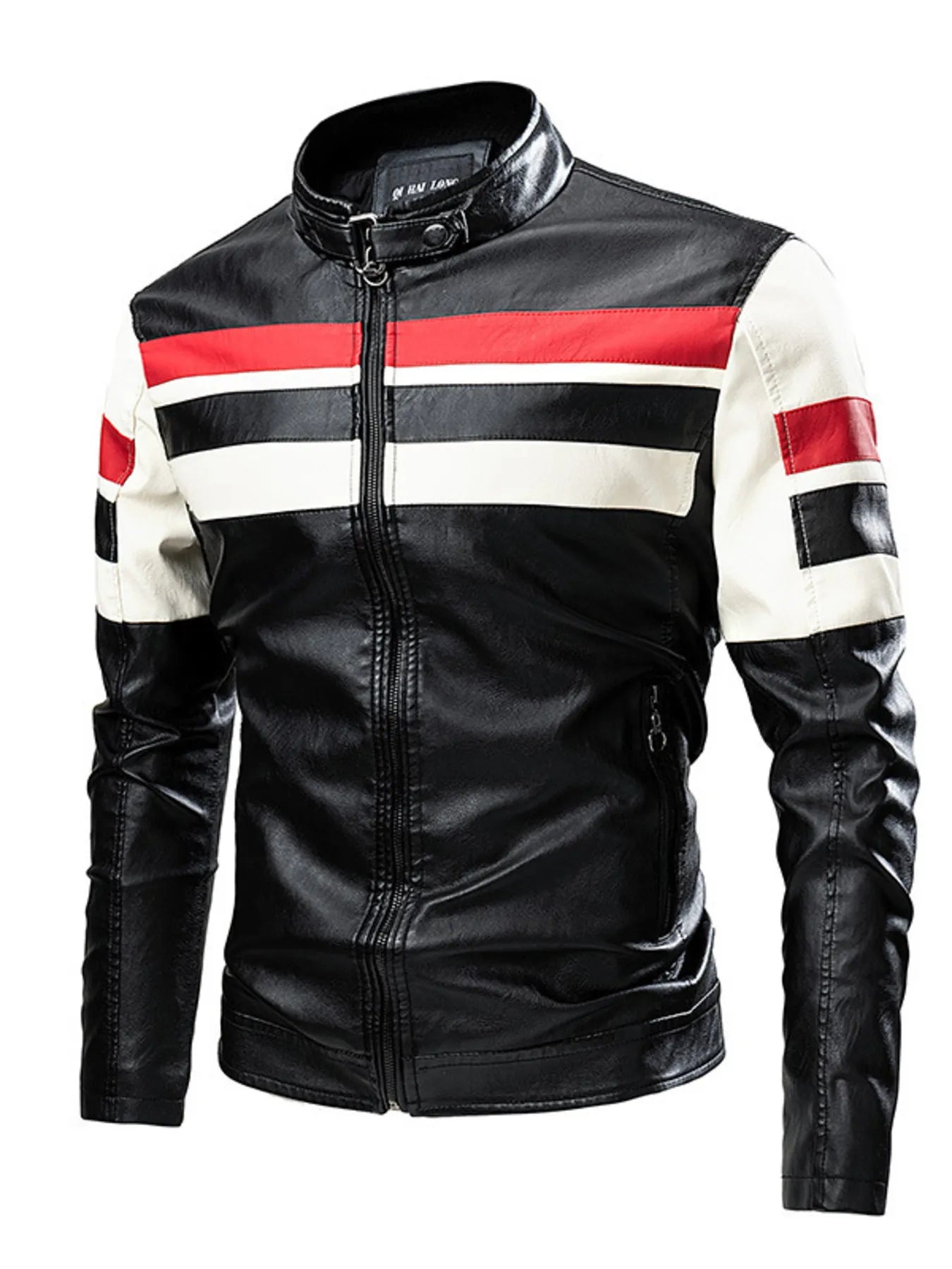 Plus-size black leather moto jacket with red and white stripes on the sleeves and chest.