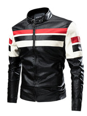 Plus-size black leather moto jacket with red and white stripes on the sleeves and chest.