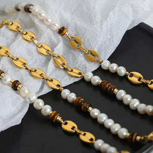 Gold link bracelet with pearls and tiger's eye beads