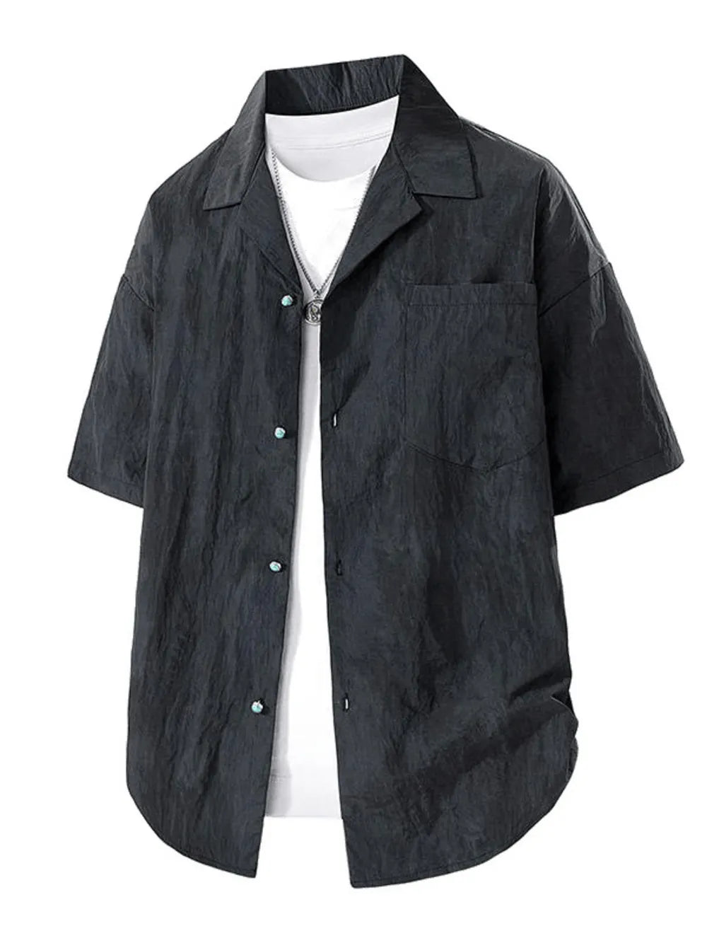 Black relaxed fit camp collar men's shirt with short sleeves and a chest pocket.