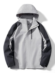 Men's gray and black two-tone waterproof hooded jacket with zip closure