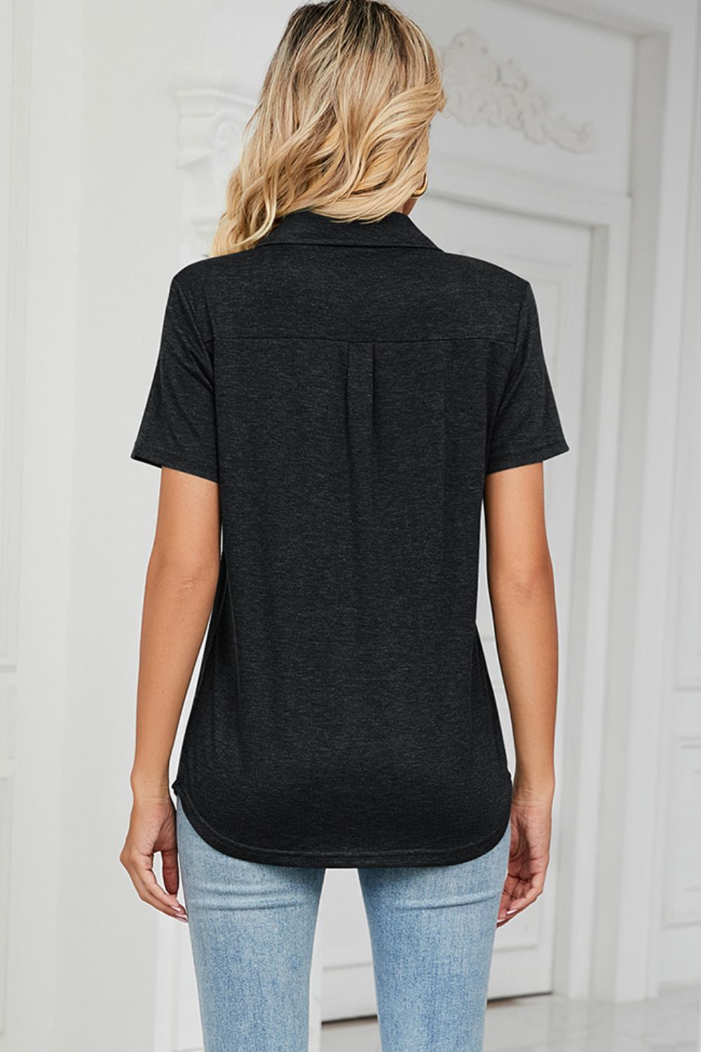Dark Gray V-neck polo tee with short sleeves and a pocket detail.