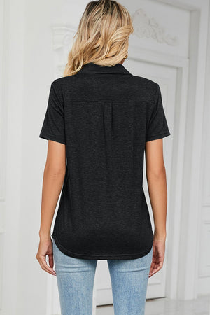 Dark Gray V-neck polo tee with short sleeves and a pocket detail.