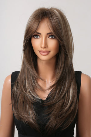 Layered brown blonde highlight synthetic wig with bangs
