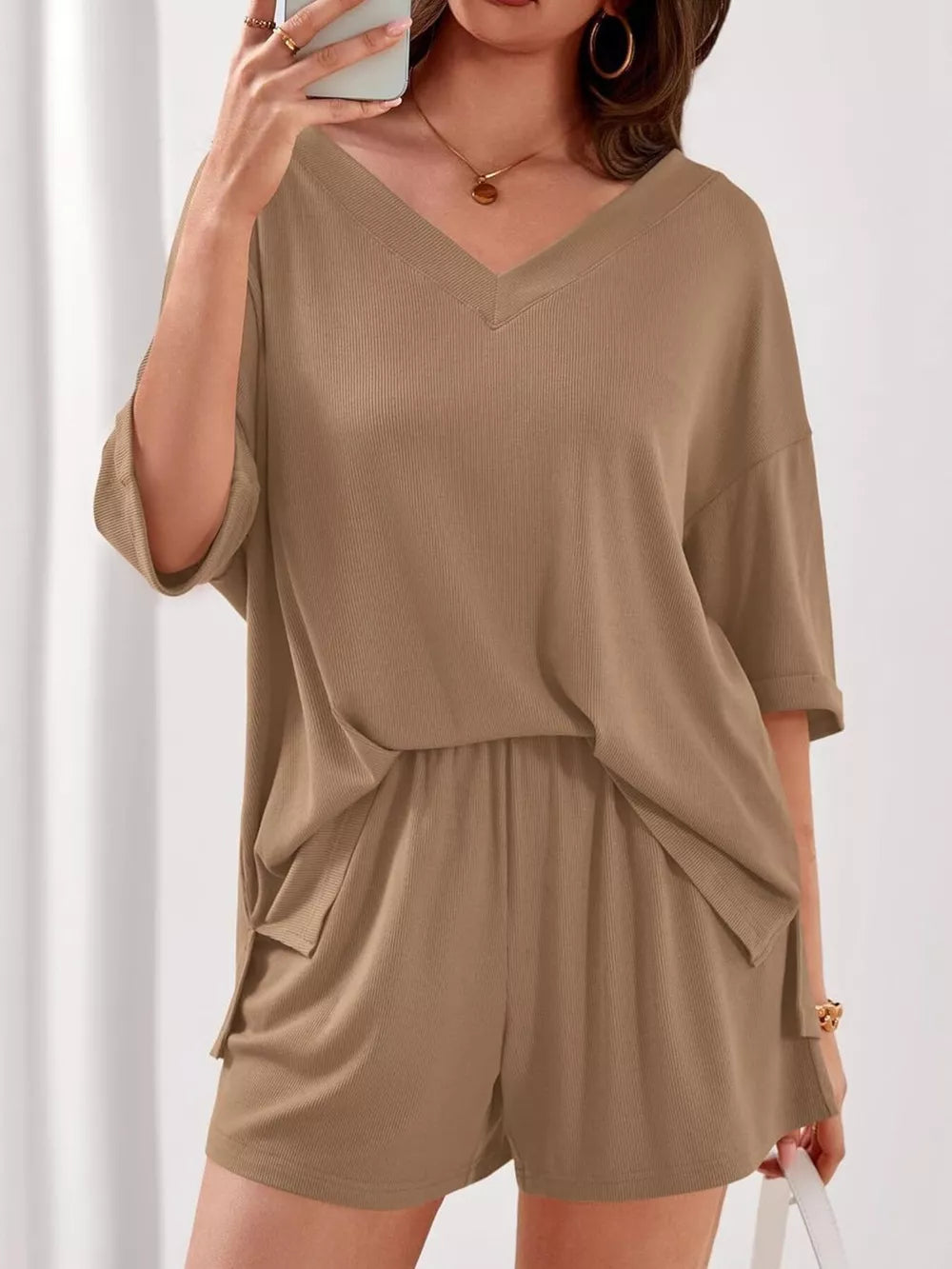 Khaki ribbed v-neck lounge set with loose fit top and drawstring shorts