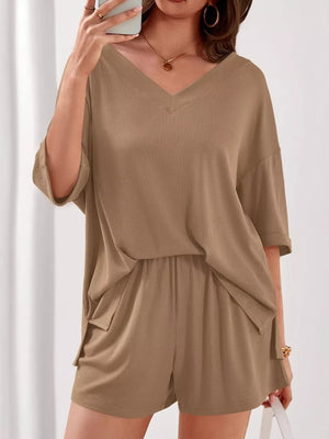 Khaki ribbed v-neck lounge set with loose fit top and drawstring shorts