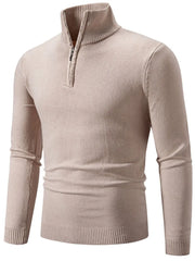 Slim fit quarter zip sweater in caramel with ribbed collar and cuffs.