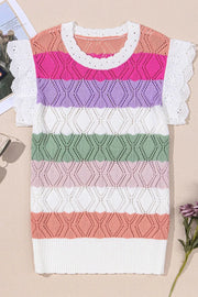 Rainbow crochet blouse with flutter sleeves and diamond pattern