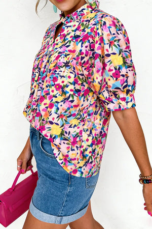 Flower Print Frilled Collar Puff Sleeve Blouse, model styling view