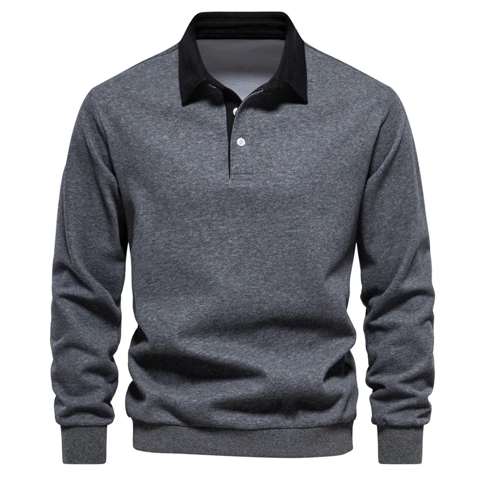 Dark Gray long sleeve sweatshirt with black collar and two-button placket.