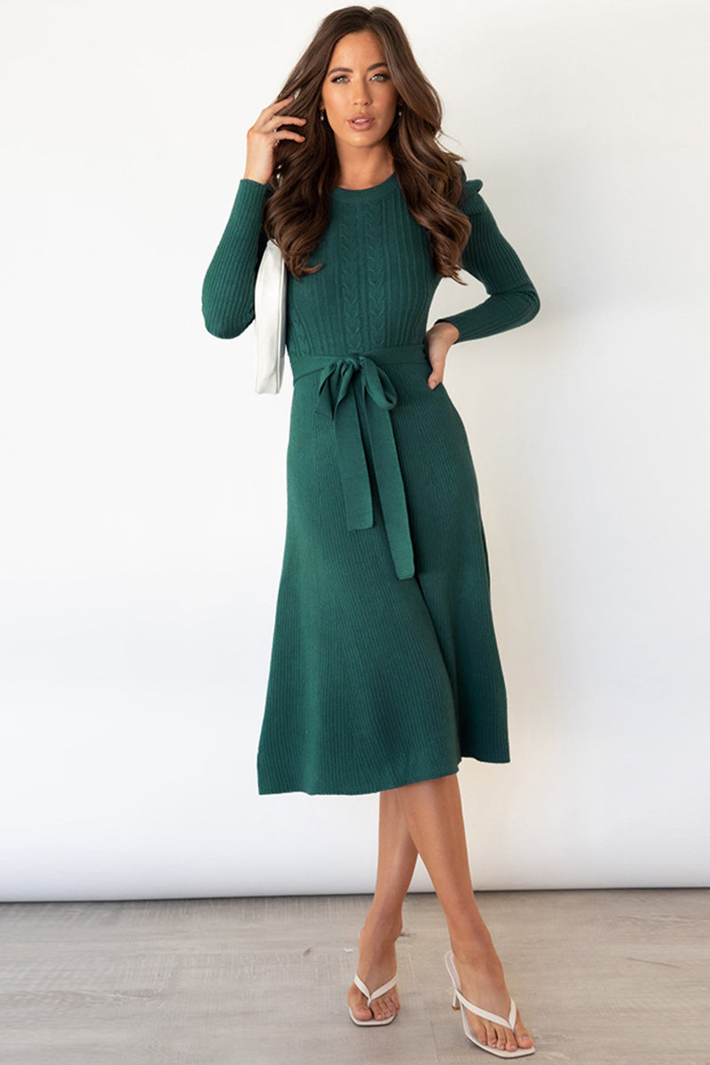 Deep Teal cable knit midi dress with long sleeves and self-tie belt.