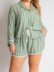 Sage striped pajama set with contrast trim, collared button-up top and drawstring shorts.